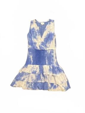 Blue and White Tie-Dye Sleeveless Ruffle Dress